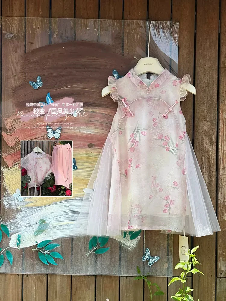拉萨发货夏季国风花卉汉服拼接儿童公主裙女孩连衣裙新中式甜美裙
