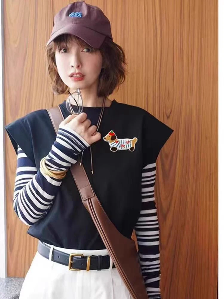 【腊肠小狗】2025同款时尚百搭设计感卡通印花两件套上衣.Y8315