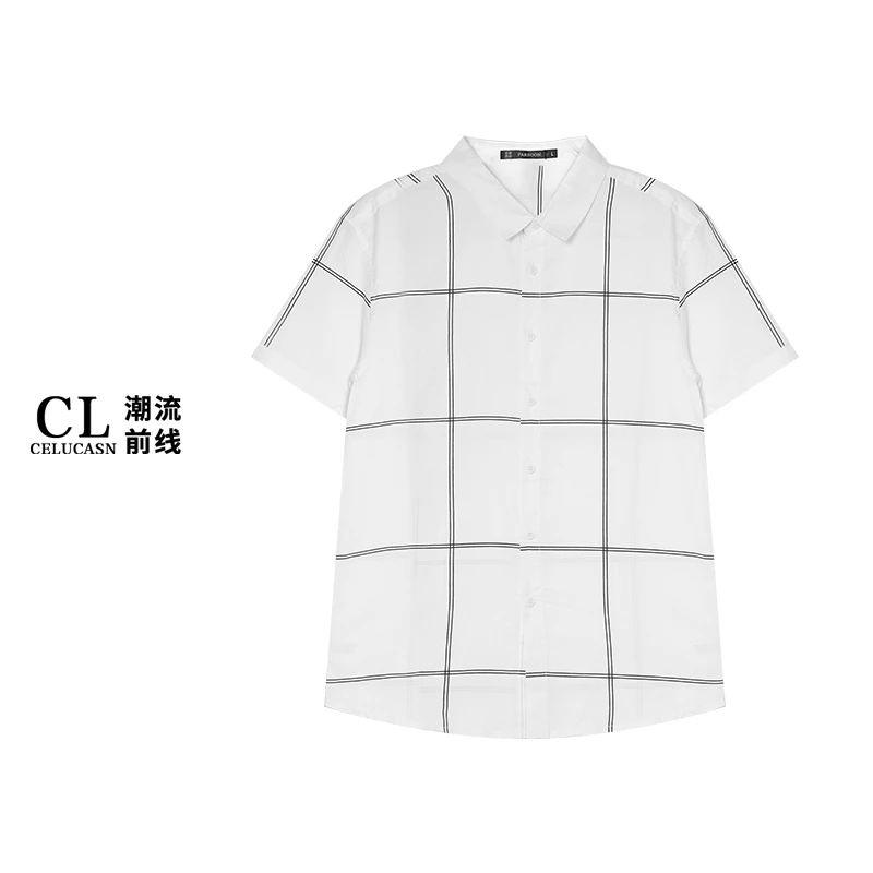 P7II3615#100棉！夏季方领纯棉宽松吸汗格子休闲衬衫男上衣百搭