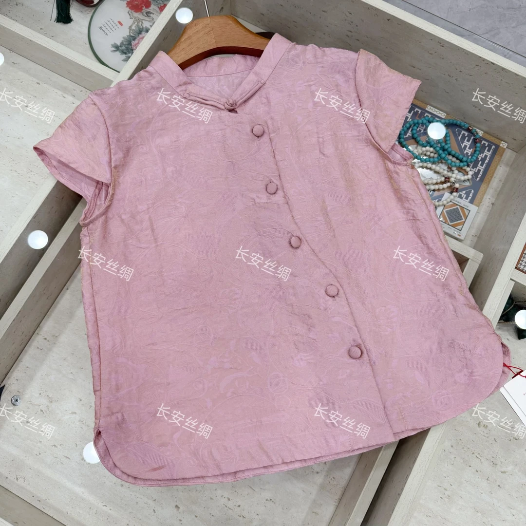 【长安】国风中式立领盘扣浮光锦花萝显瘦短袖上衣女FY5081008