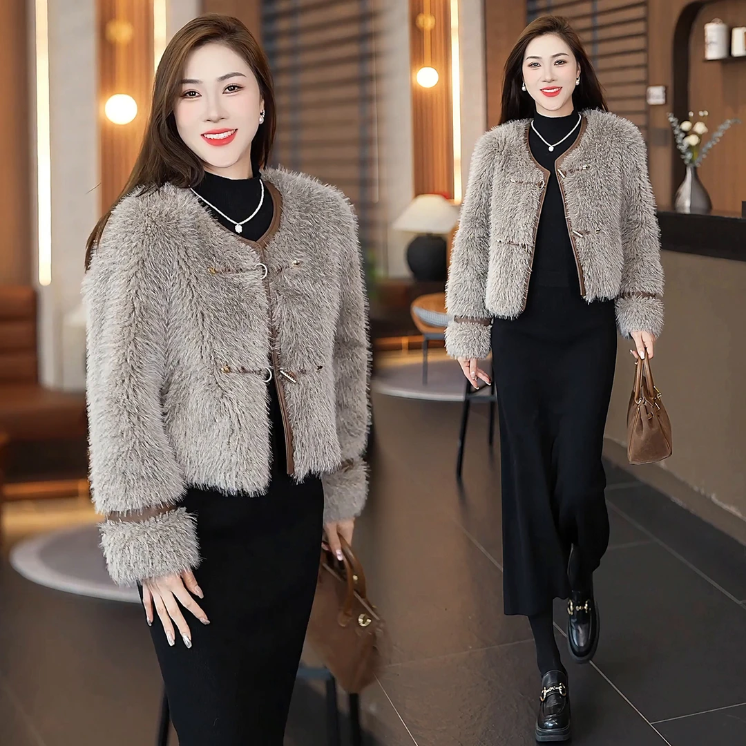 时尚毛呢外套女2025秋冬新款时髦洋气宽松皮毛一体保暖上衣外套潮