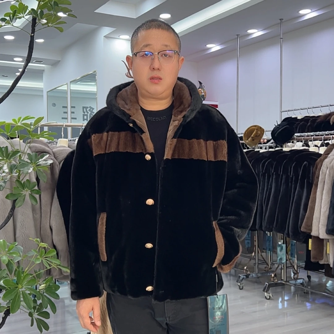 男士男款铁灰咖啡撞色水貂皮系扣连帽时尚潮流男款