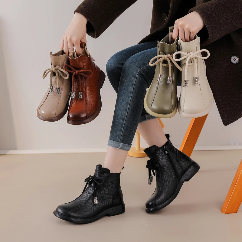 2025秋冬牛皮英伦风靴子圆头系带拉链真皮休闲百搭软底软面妈妈鞋
