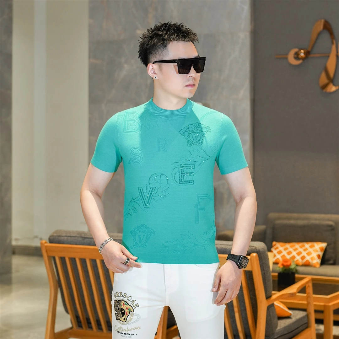 2025秋季高端亮色烫钻提花山羊绒混纺圆领针织打底衫T恤男GL3809