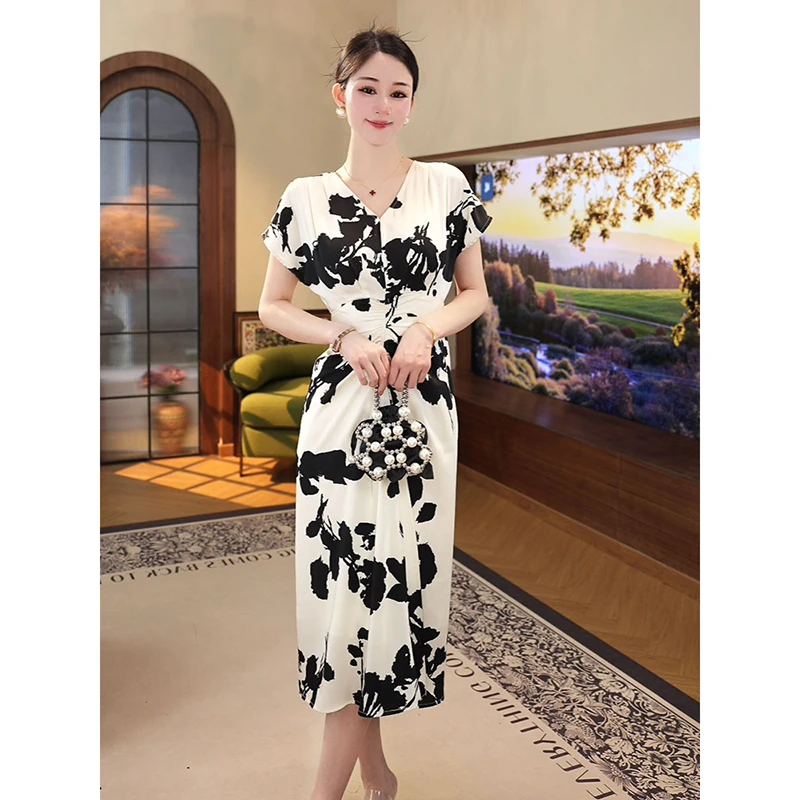唐熹2025年夏季新款【7154】新中式高级气质V领黑白水墨连衣裙子女