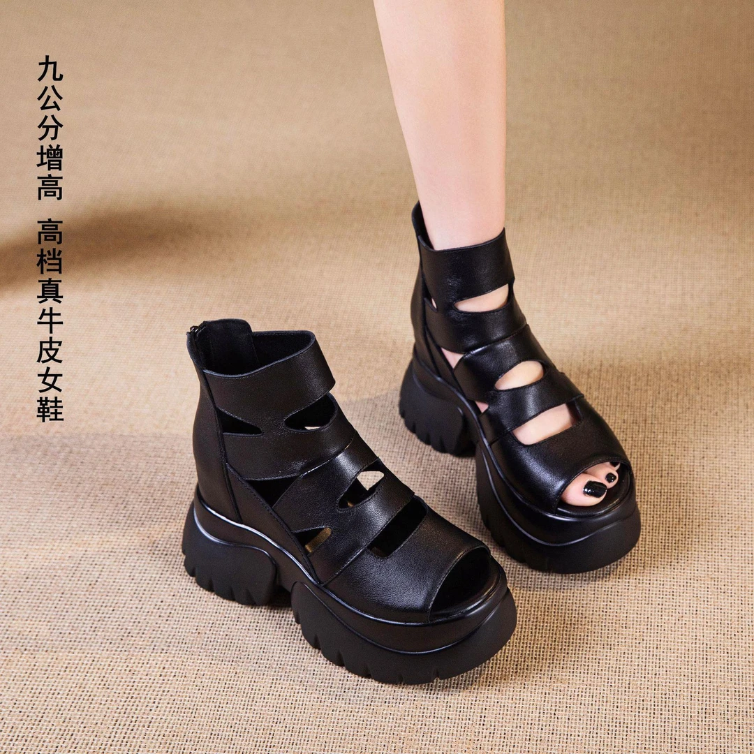 真皮！9CM内增高真皮罗马凉鞋女外穿时尚百搭休闲松糕厚底高跟鱼