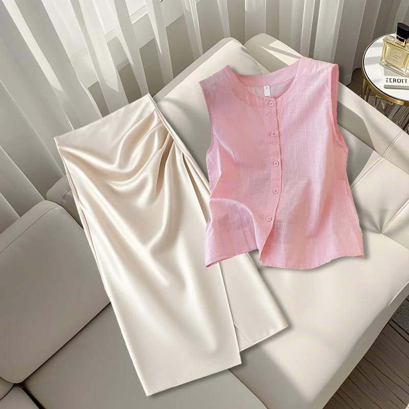 夏季新款女装胖mm设计感小众粉色无袖背心上衣不规则半身裙套装女
