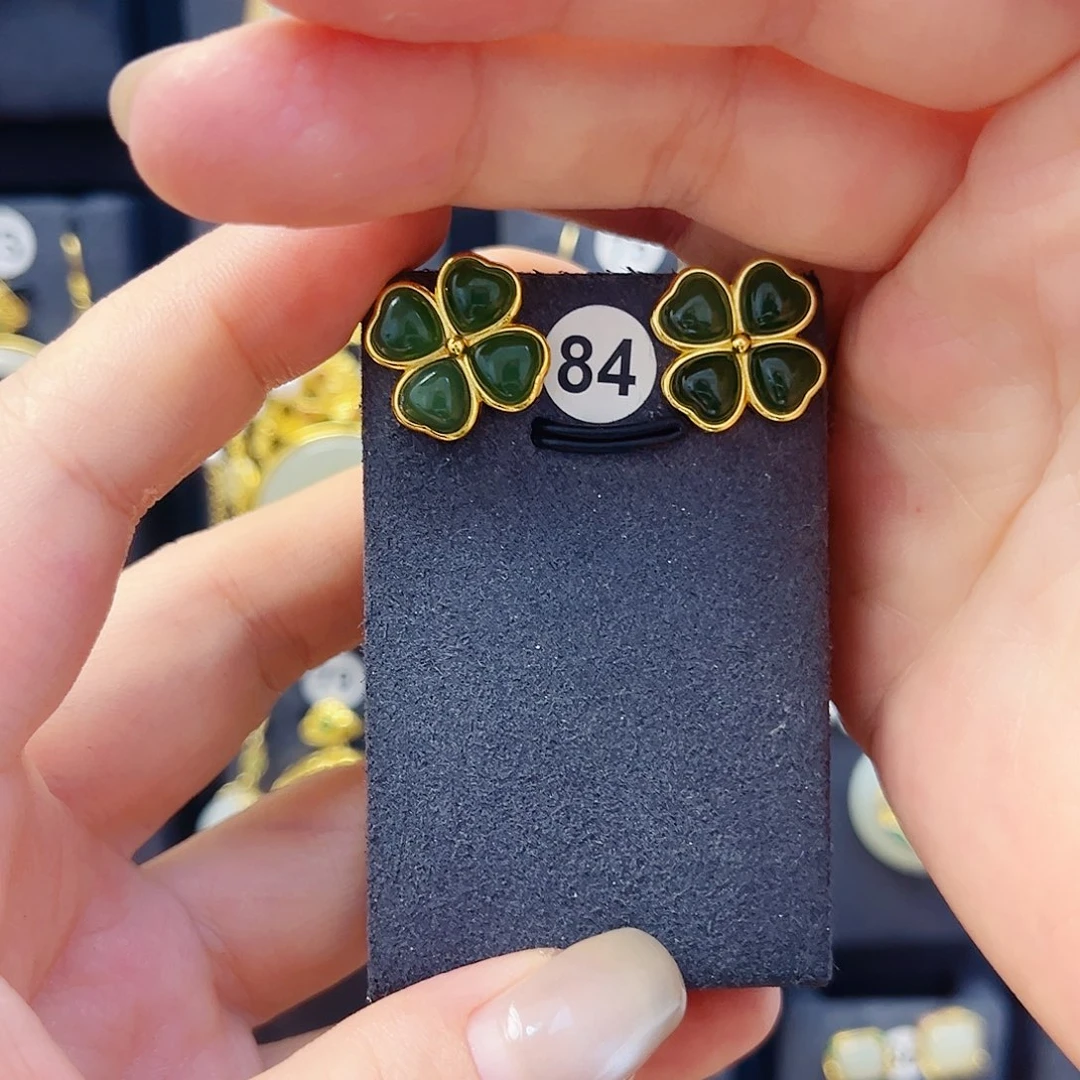 和田玉银S925镀金镶嵌耳饰