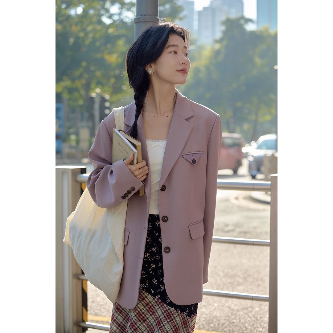 觅定紫色休闲西装外套女春季2025新款小个子宽松西服DS11310