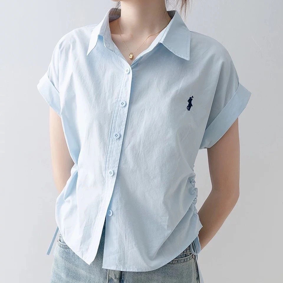 浅蓝色polo领纯棉短袖衬衫女2025夏季独特漂亮小衫衬衣法式小上衣