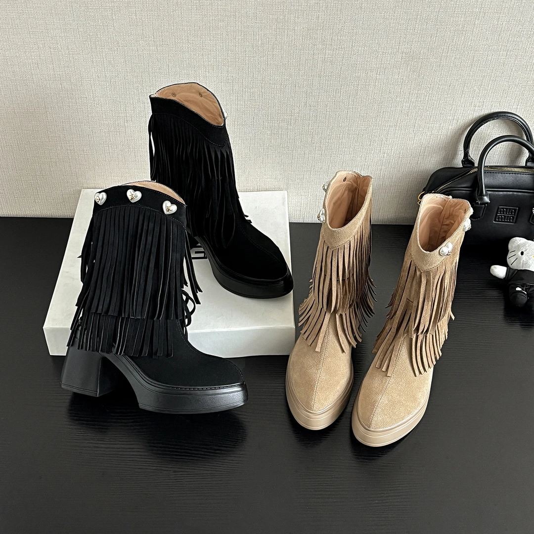 10cm超高更短靴爆款尖头短靴女欧美风流苏靴秋冬新款小个子增高靴