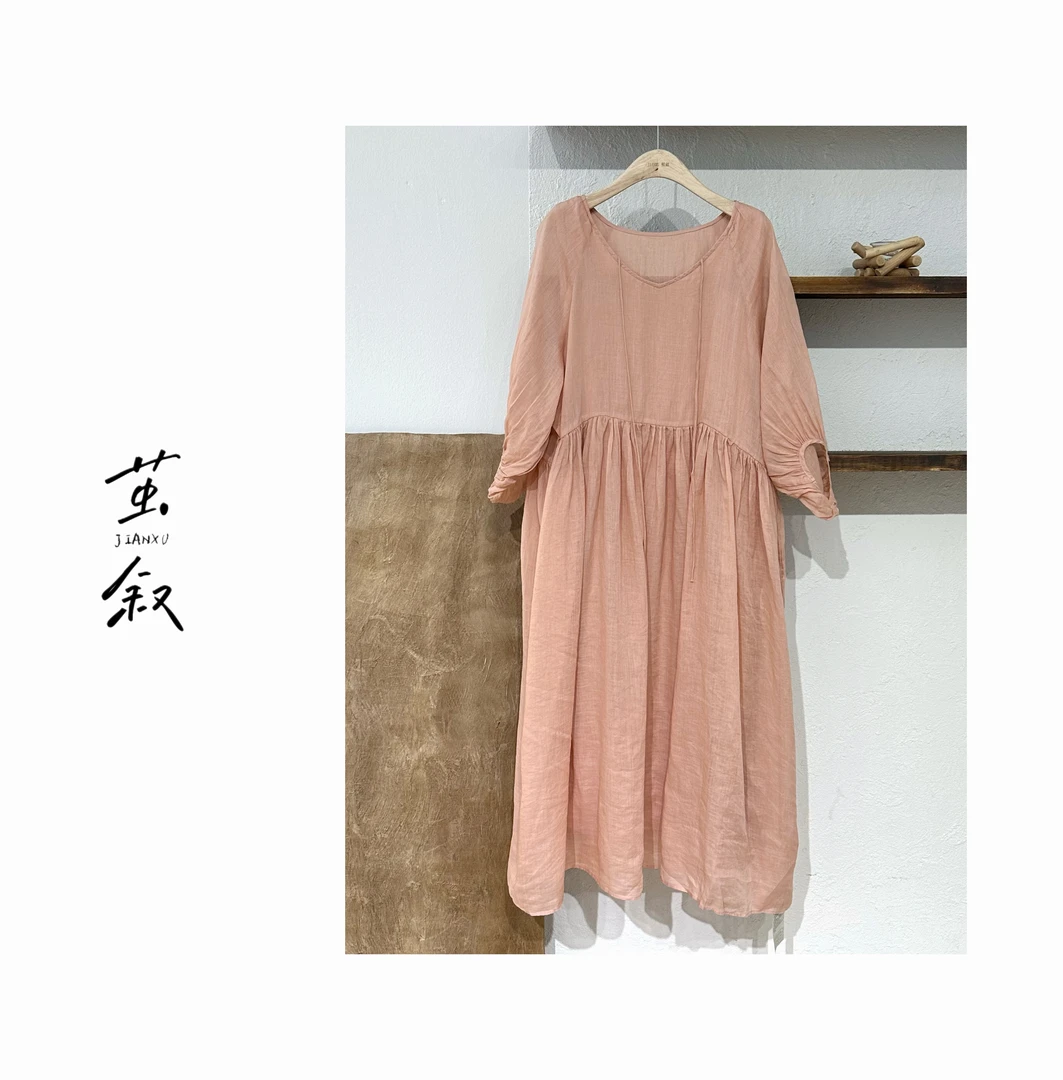 JIAN.XU【裾夏】纯色心形领系带灯笼袖带内衬苎麻连衣裙裙长胸围120