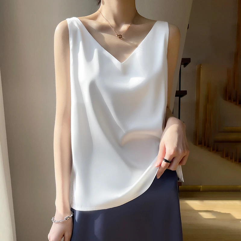 夏季醋酸缎面v领吊带背心女纯色宽松内搭显瘦薄款无袖上衣打底