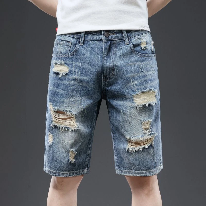 破洞牛仔裤男夏季薄款宽松直筒五分裤潮牌ins男士休闲百搭中裤子