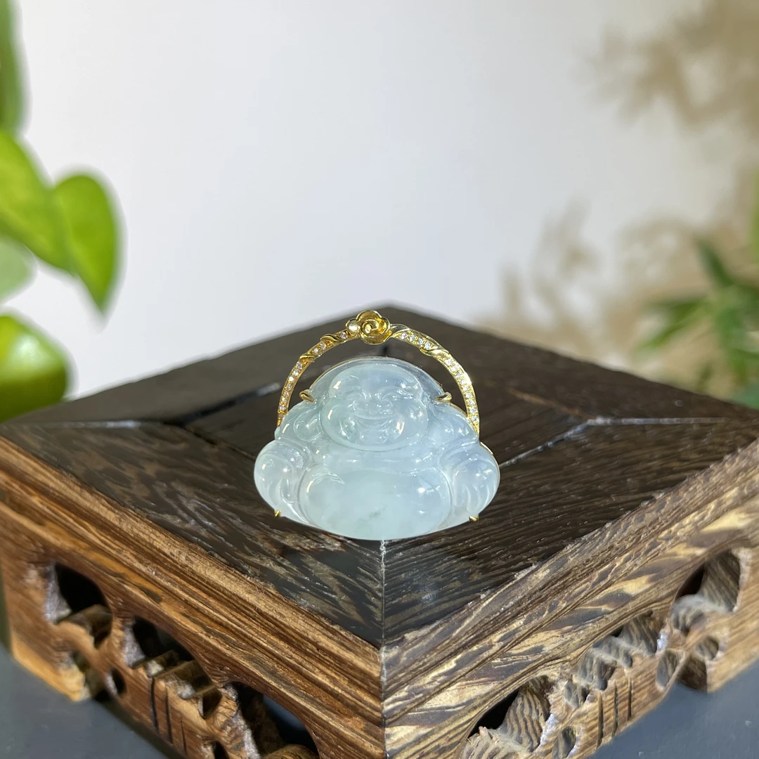 JTB18-195 天然翡翠缅甸A货 18K含钻镶嵌佛公