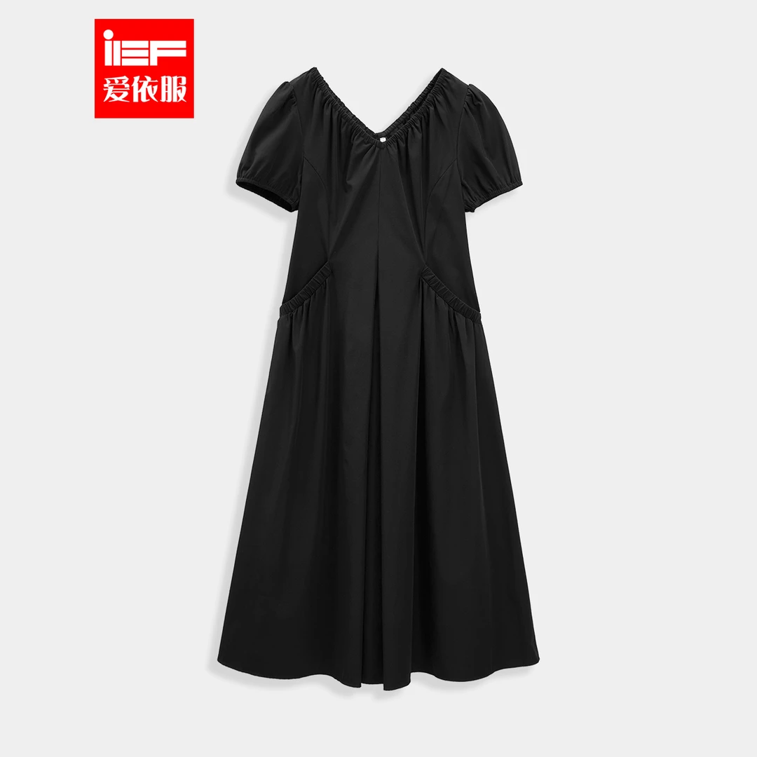 IEF/爱依服2025夏季新款V领时尚设计连衣裙收腰显瘦A字中长款裙子