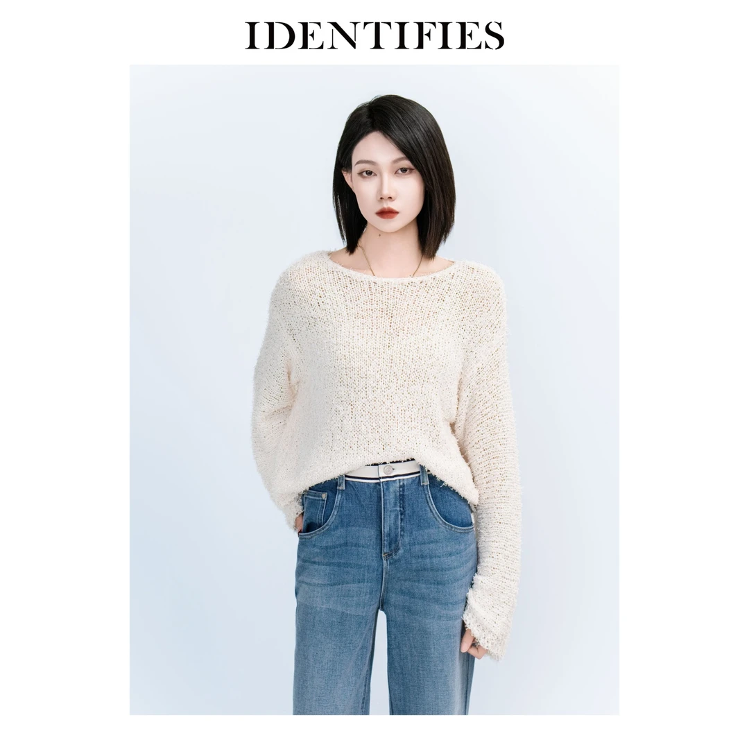 IDENTIFIES/易缔媤毛针织一字领圆领宽松打底衫镂空女长袖D73467