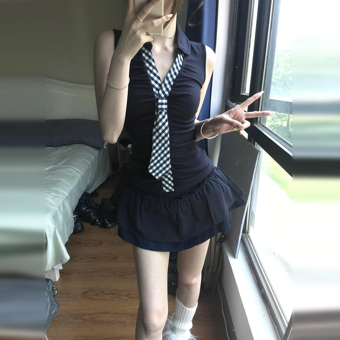 美式辣妹学院风背心连衣裙子女夏季2025新款修身显瘦a字短裙套装