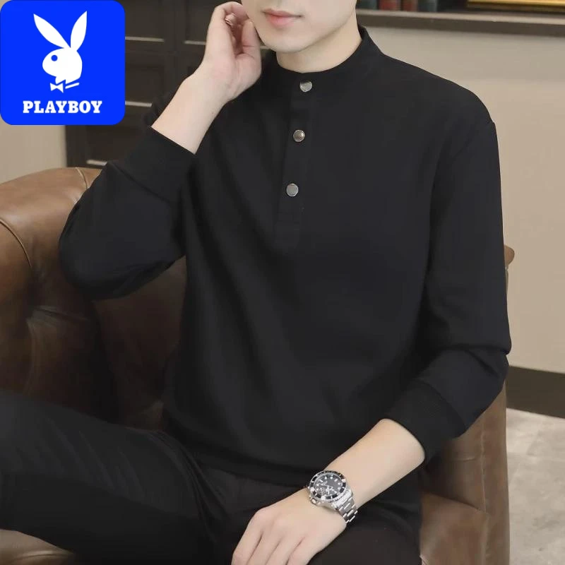 PLAYBOY花花公子潮流百搭春秋秋冬长袖打底衫男士纯色立领套头卫