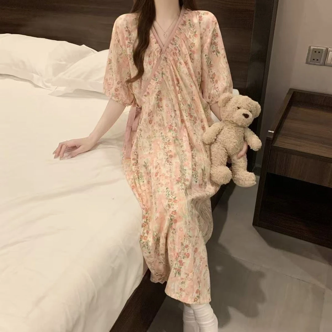 睡袍女款夏季2025新款甜美日系碎花高级感云朵棉短袖睡裙夏天睡衣