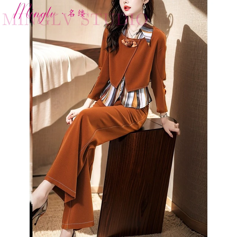 2025年秋季时尚独特漂亮休闲短外套内搭条纹衬衫阔腿裤三件套装女