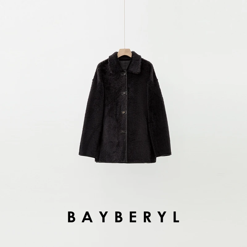 领券BAYBERYL老贝雾紫*直毛拉贡两穿翻领秋一体皮衣PY5G3107