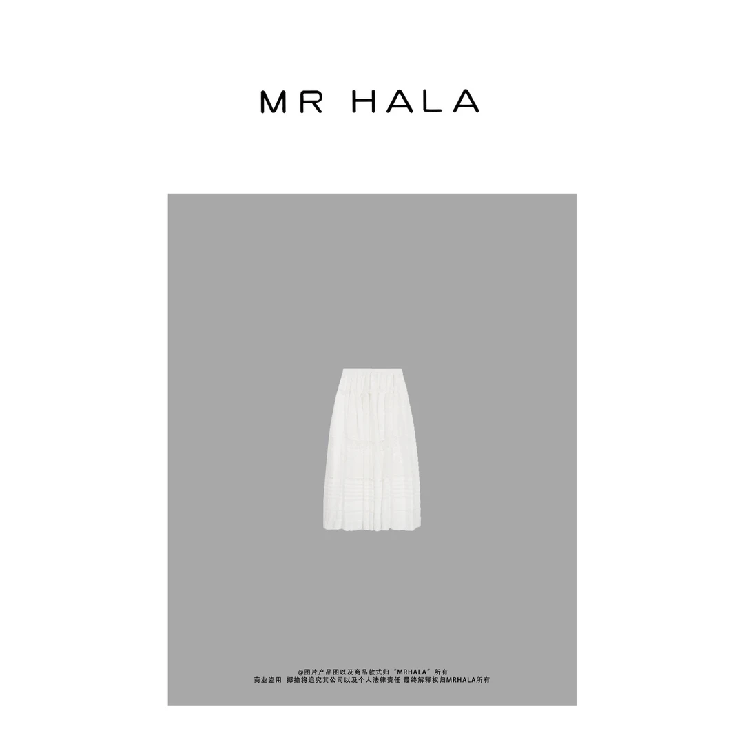 MRHALA 福叠折褶刺绣丝麻混织半裙女  LQ40354