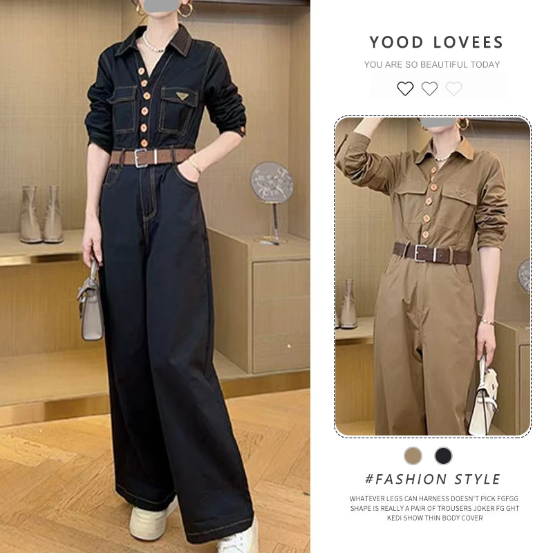 2026春秋新款美式个性明线设计长袖直筒工装连体衣阔腿长裤女潮