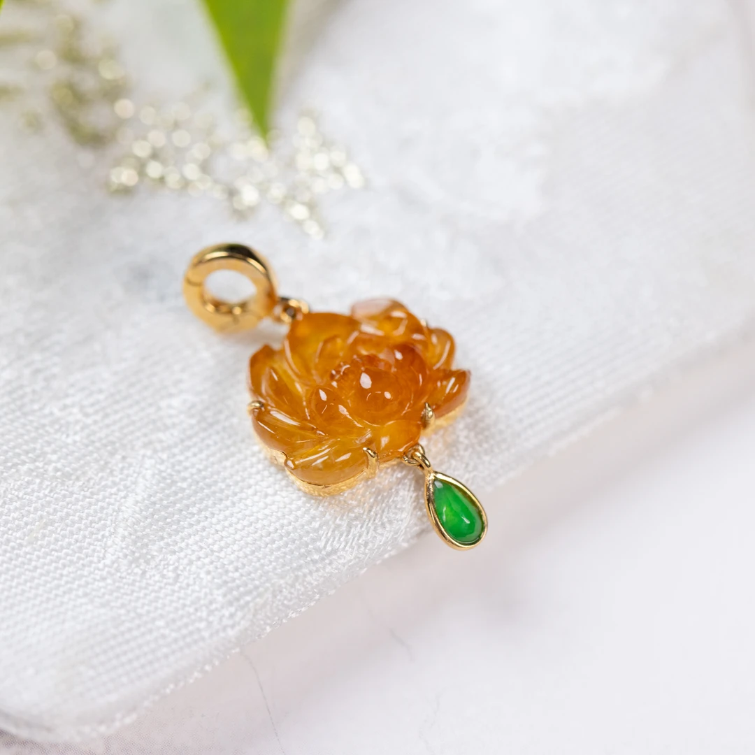 【新品】天然A货翡翠-18K镶嵌-红莲花提溜