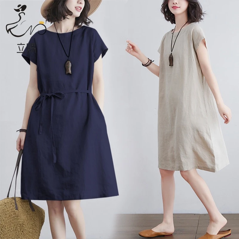 立赐夏装新款2025韩版大码纯色短袖收腰裙子胖mm宽松显瘦连衣裙女