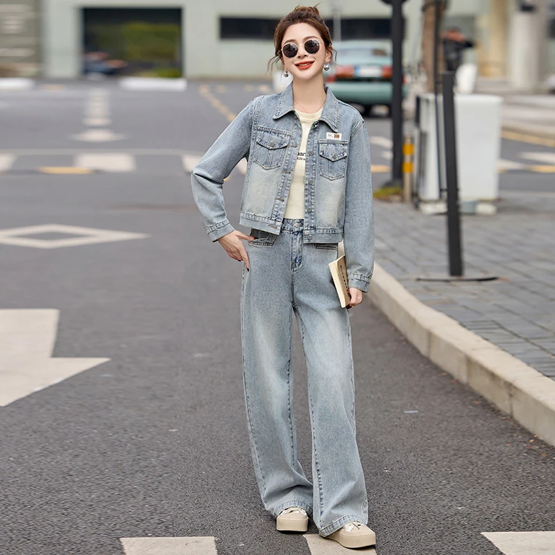 高级感牛仔套装女春秋2025新款爆款欧货洋气休闲外套配长裤两件套