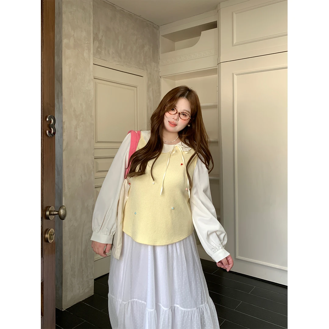 徐达布【彩虹雨】大码黄色娃娃领针织衫女独特系带上衣Z29060C51