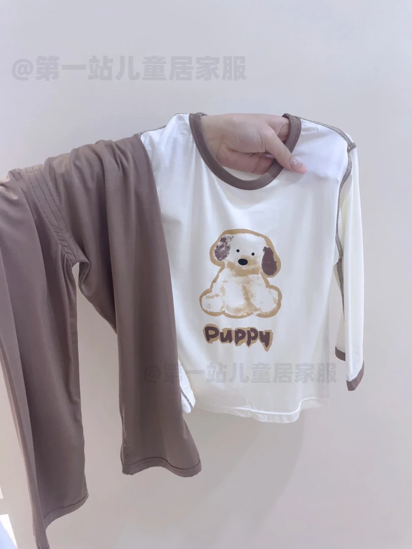 莫代尔儿童夏季套装休闲睡衣男童女童九分袖套装卡通家居服空调服