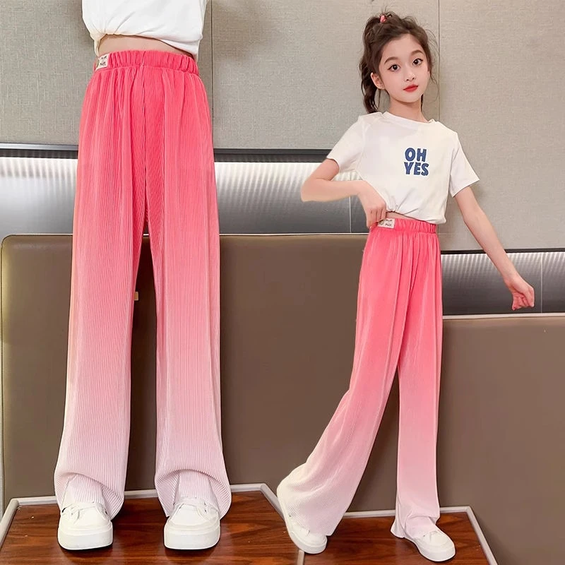 女童夏季裤子2025新款时髦渐变色冰丝阔腿裤中大童洋气儿童抖抖裤