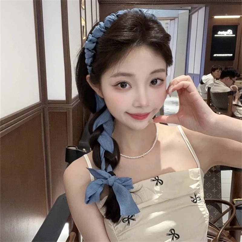 牛仔蓝飘带发箍女丝带编发一体显脸小头箍发捆麻花辫扭结齿梳发卡