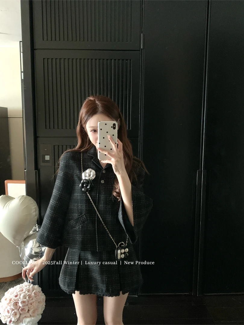 清潭艺高 独特千金感法式复古小香风短裙吊带连衣裙/斗篷外套套装