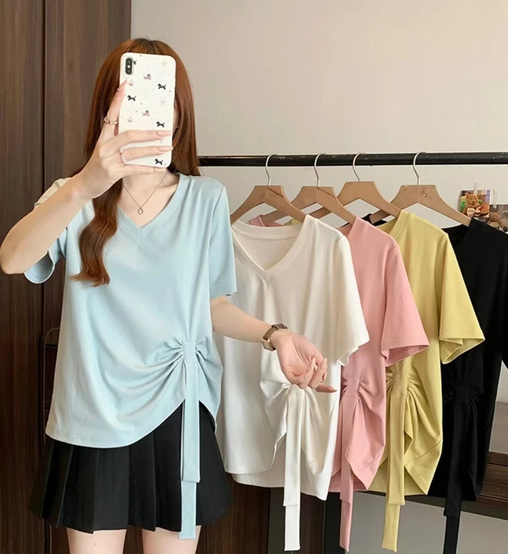 2025夏装新款胖mm大码女时尚设计感飘带不对称短袖T恤