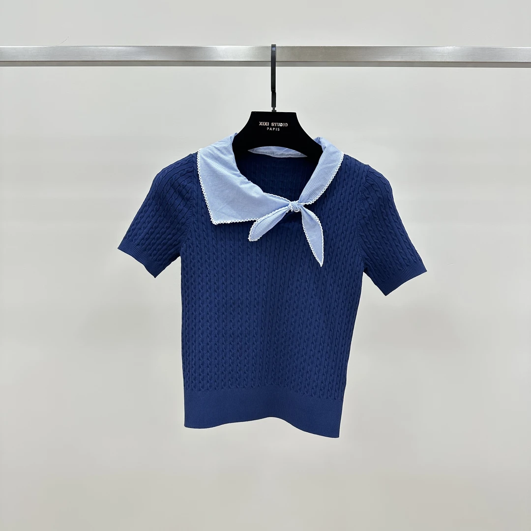 JIAYE CHAN夏日法式拼接系带蝴蝶结减龄针织上衣