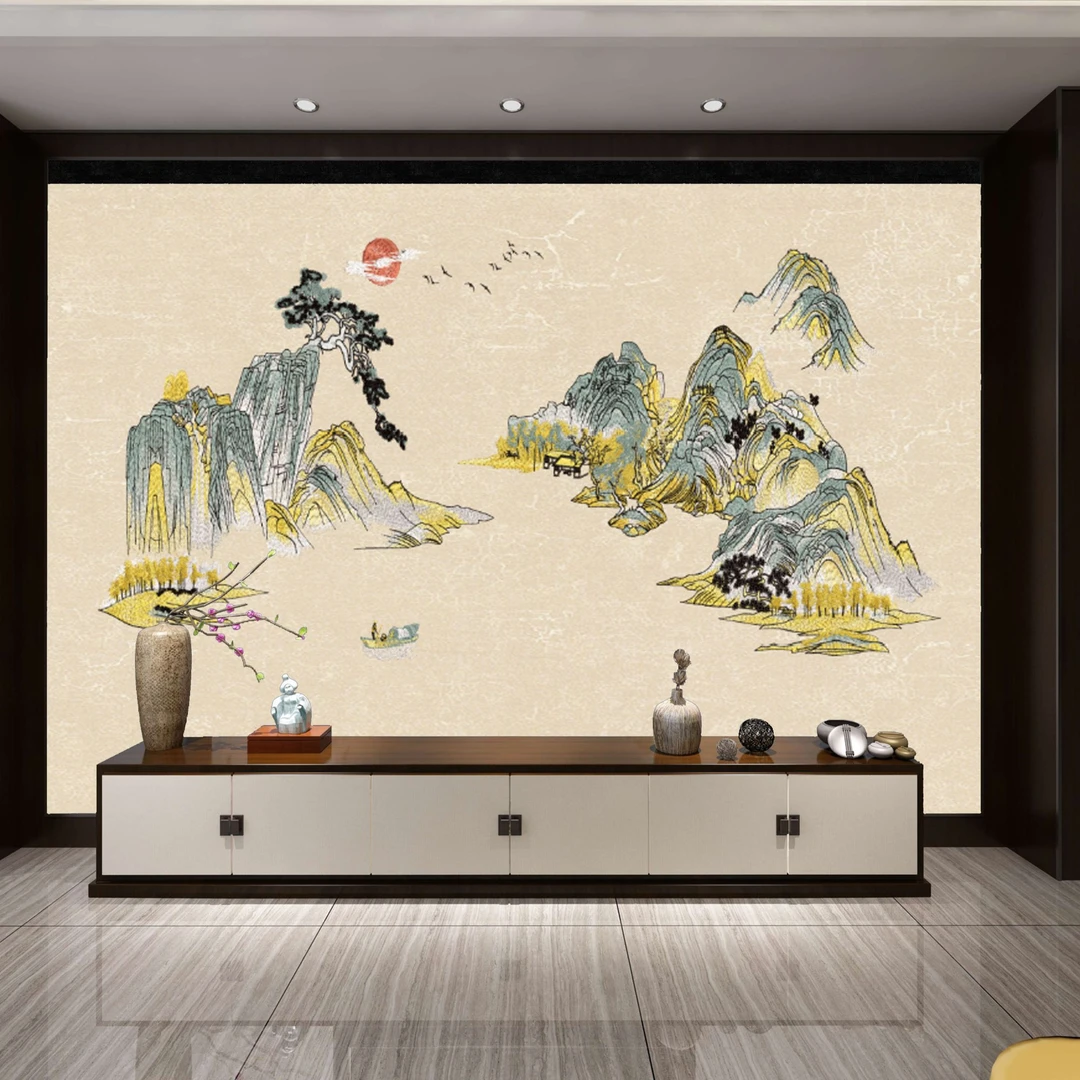 新中式高端展示刺绣壁画工艺水墨风格山水系列溪山若水尺寸可定制