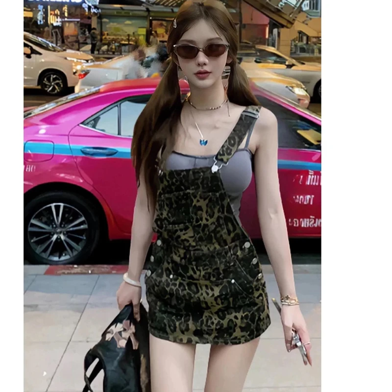 美式复古豹纹牛仔背带女装连衣裙裤夏季新款宽松时尚百搭碎花短裙