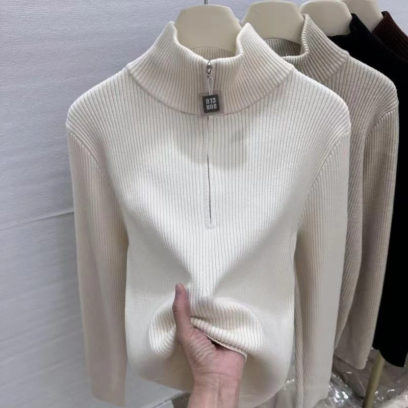 女士特价拉链竖条纹半高领针织衫