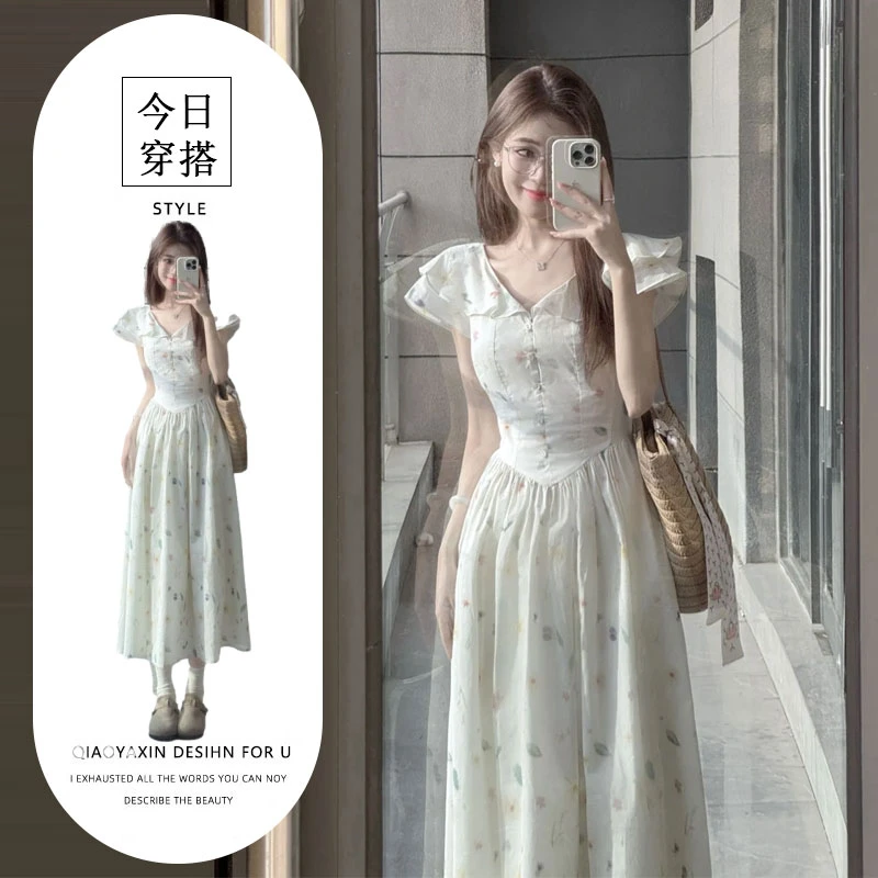 法式碎花娃娃领短袖连衣裙女2025夏季新款收腰显瘦气质漂亮长裙子