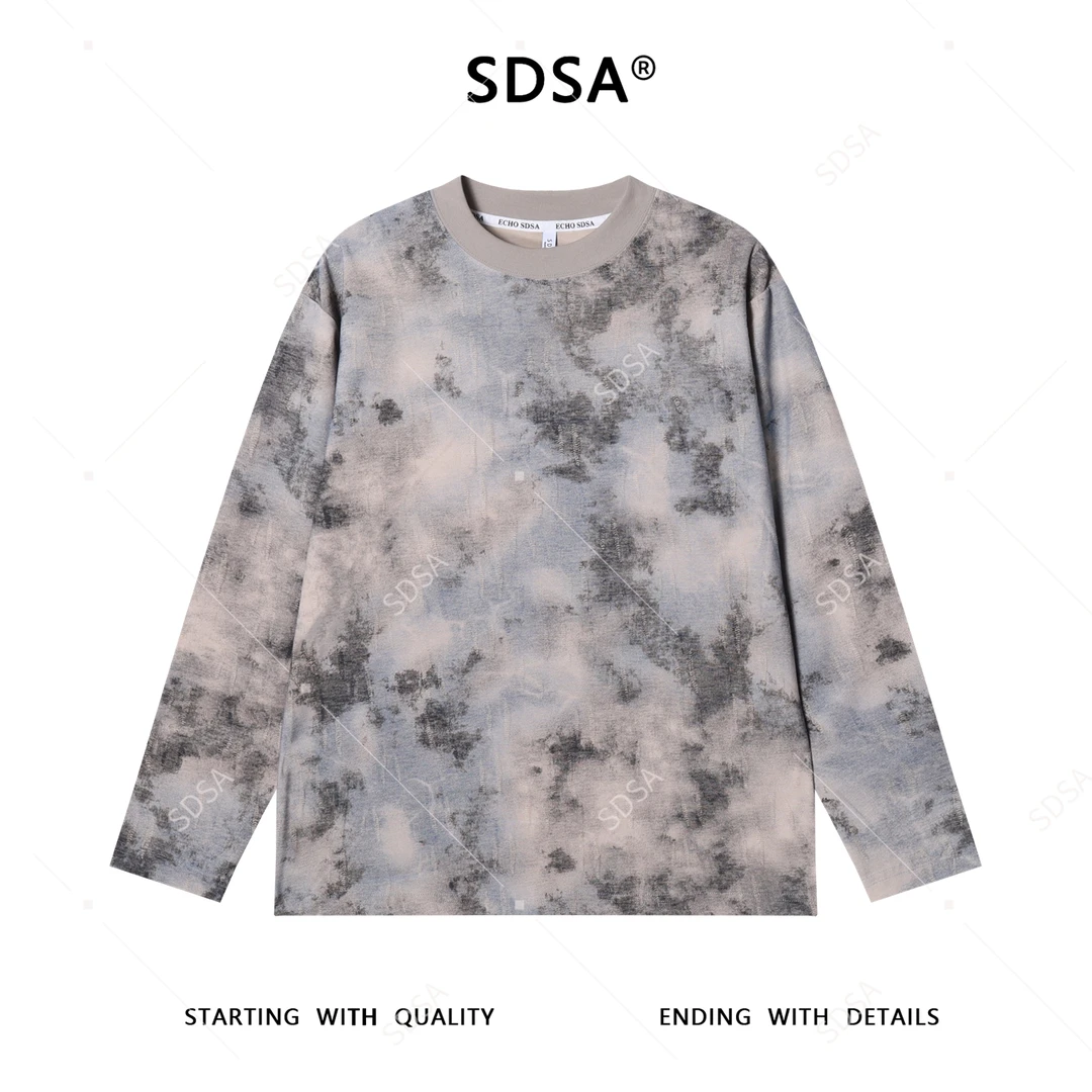 SDSA男士秋冬新款痞帅男装美式扎染磨破圆领长袖T恤潮牌复古上衣