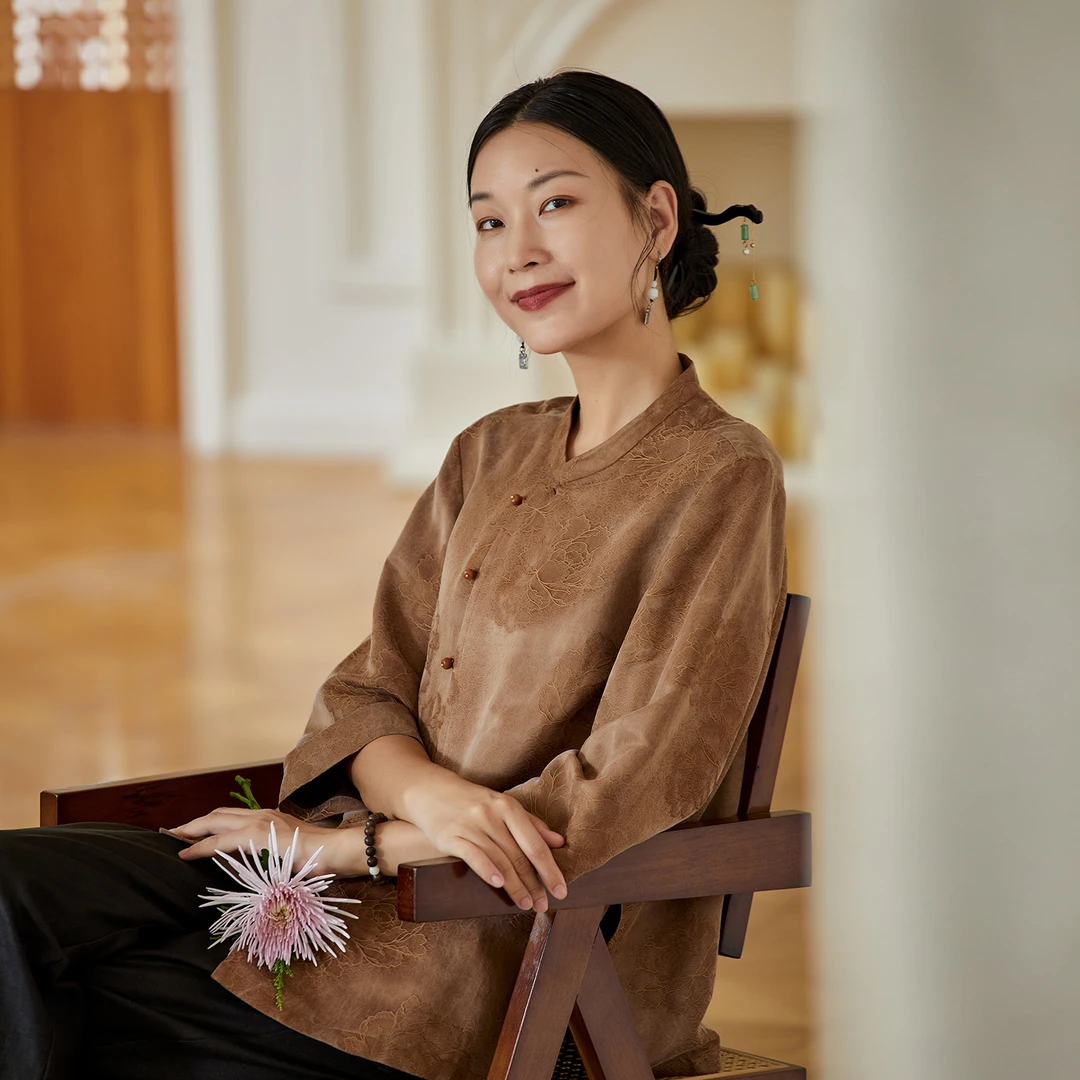 布小匠原创设计桑蚕丝交织提花七分袖旗袍上衣女复古民国风衬衫