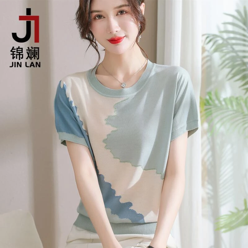 锦斓年轻妈妈夏装短袖T恤冰丝小衫洋气时尚针织衫中年女新款上衣