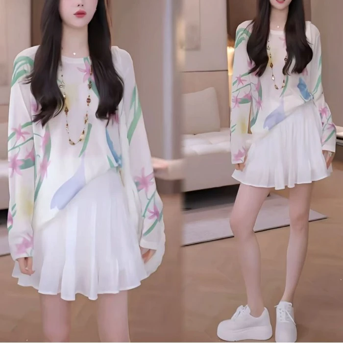 2025女士夏季洋气新款出游穿搭防晒长袖上衣百搭蛋糕裙裤气质套装