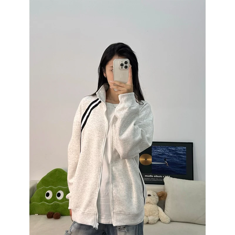 白花灰美式立领条纹开衫卫衣男春秋季cleanfit外套宽松运动夹克衫