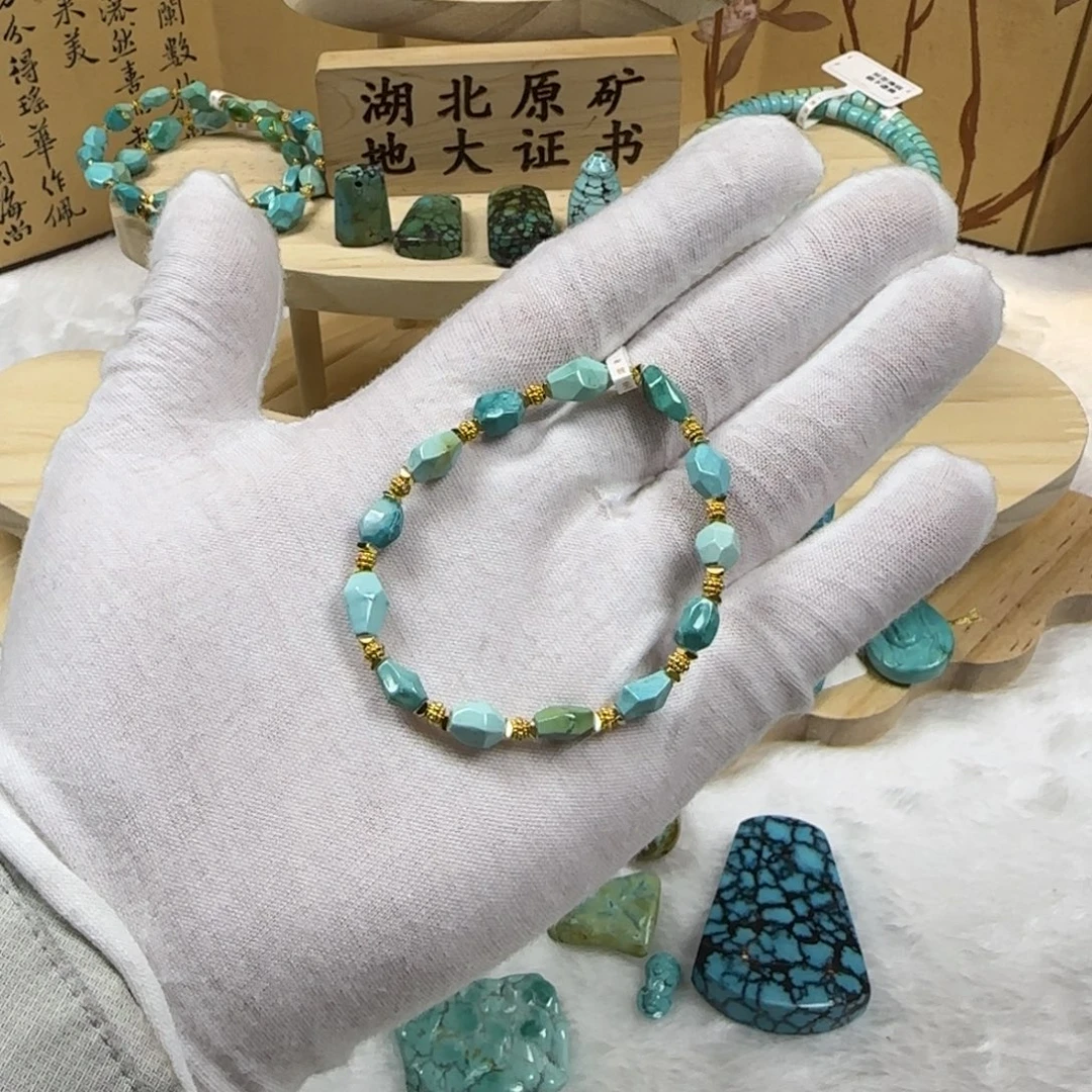 绿松石银S925镀金镶嵌随型多边形手串13