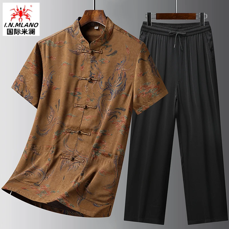 香云纱唐装套装男真丝桑蚕丝夏季中式复古薄款汉服中国风短袖男装