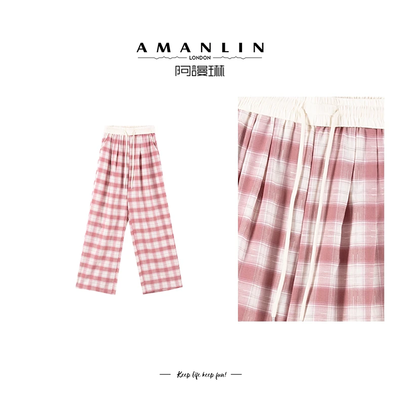 【AMANLIN】粉红色格纹气质穿搭直筒显瘦长裤休闲裤百搭F595337